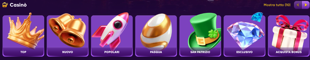 Categorie giochi casino Kingmaker: Top, Nuovo, Popolari, Pasqua, San Patrizio, Esclusivo, Acquista Bonus